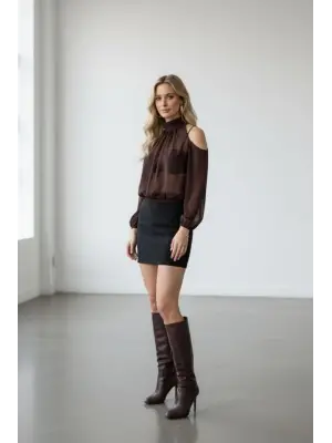 Kadın Halter Yaka Full Transparan Omuz Dekolteli Bluz