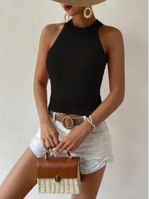 Halter Yaka Mini Baklava Desenli Triko Bluz