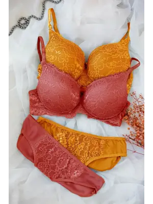 Omarı Minik Desenli Dolgulu Sütyen ve Külot Seti