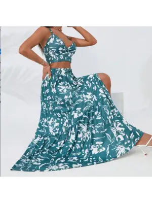Kadın Ince Askılı çiçek Baskı Desenli Crop Yırtmaçlı Etek Ikili Süprem Takım