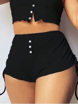 Kadın Ip Askılı Crop Bluz Ve Yanlardan Büzgülü Ikili Kaşkorse Short Takım