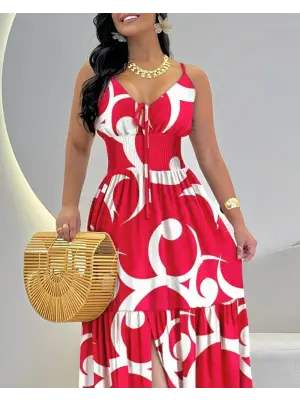 Kadın Ip Askılı Dekolteli Bağcıklı Yırtmaçlı Desenli Süprem Elbise