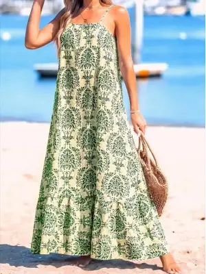 Kadın Ip Askılı Desenli Fırfırlı Süprem Elbise