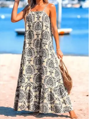 Omarı Fırfırlı Kadın Askılı Desenli Elbise