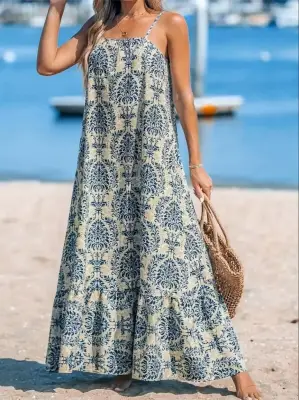 Omarı Desenli Fırfırlı Süprem Elbise