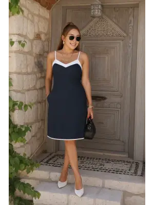 Kadın Ip Askılı Geniş V Yakalı çift Renkli Janjan Krep Mini Elbise