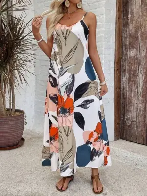 Kadın Ip Askılı Geniş V Yakalı Desenli Süprem Elbise