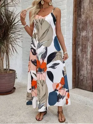 Kadın Ip Askılı Geniş V Yakalı Desenli Süprem Elbise