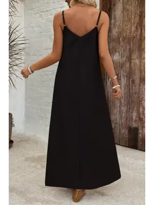 Omarı Desenli Geniş V Yakalı Kadın İp Askılı Elbise