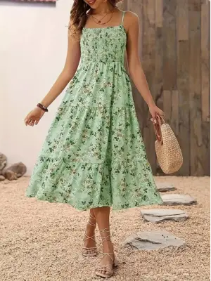 Kadın Ip Askılı Geniş V Yakalı Desenli Uzun Süprem Elbise