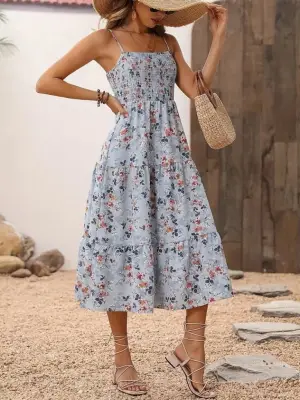 Omarı Desenli Geniş V Yakalı Uzun Elbise