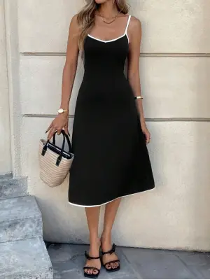 Kadın Ip Askılı Geniş V Yakalı Midi Janjan Krep Elbise