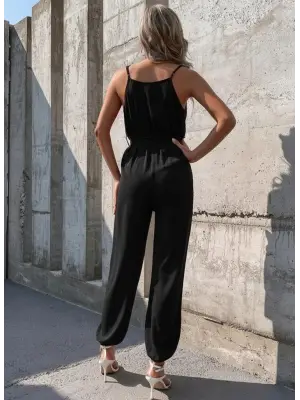 Kadın Ip Askılı Kruvaze Yakalı Belden Kuşaklı Uzun Sandy Tulum