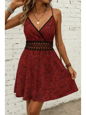 Kadın Ip Askılı Kruvaze Yakalı Desenli Mini Süprem Mini Elbise