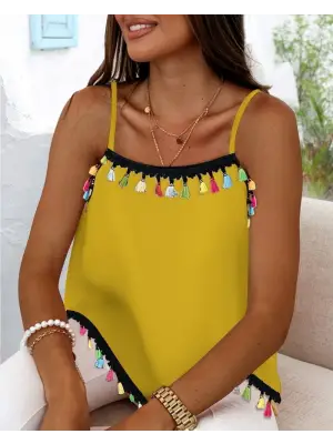 Kadın İp Askılı Püskül Detaylı Bluz Kadın Giyim