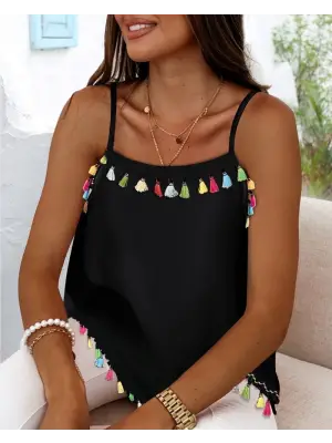 Omarı Hafif Ve Şık Püsküllü Askılı Bluz