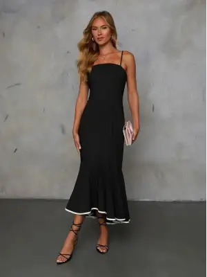 Kadın Ip Askılı Straplez Kesim Detay Maksi Boy Janjan Krep Elbise