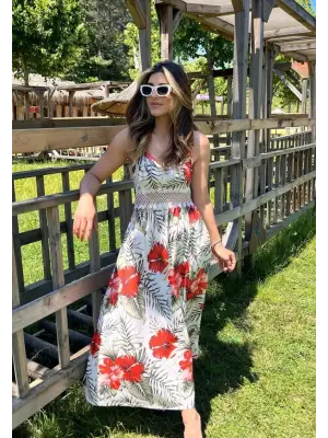 Kadın Ip Askılı V Yakalı Bel Güpür çiçek Desenli Yandan Yırtmaçlı Maksi Süprem Elbise