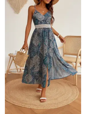 Kadın Ip Askılı V Yakalı Bel Güpür çiçek Desenli Yandan Yırtmaçlı Maksi Süprem Elbise