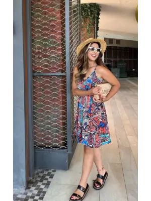 Kadın Ip Askılı V Yakalı Desenli Kısa Süprem Elbise