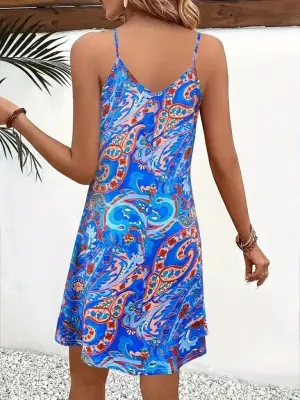 Omarı Desenli V Yakalı Kısa Süprem Elbise