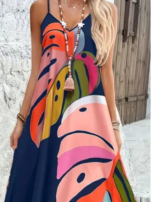 Omarı Feminen Desenli Maxi Elbise