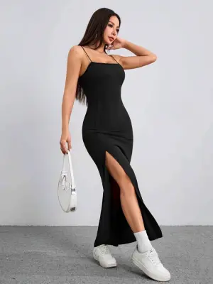 Kadın Ip Askılı Yandan Yırtmaçlı Janjan Krep Elbise