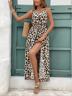 Kadın Ip Askılı Yuvarlak Yakalı Arkası V Yakalı Yırtmaçlı Uzun Leopar Desenli Süprem Elbise