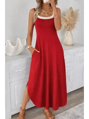 Kadın Ip Askılı Yuvarlak Yakalı Cepli Uzun Viskon Elbise