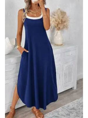 Kadın Ip Askılı Yuvarlak Yakalı Cepli Uzun Viskon Elbise