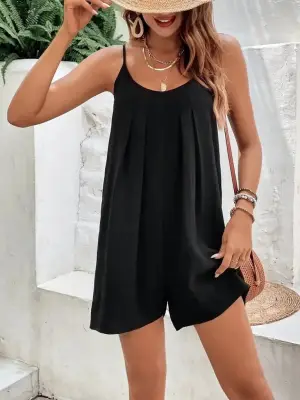 Kadın Ip Askılı Yuvarlak Yakalı Pileli Tulum