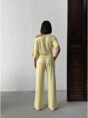 Kadın İsa Kollu Kayık Yaka Bluz Ve Pantolon Misal Kumaş Ikili Takım