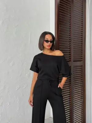 Kadın İsa Kollu Kayık Yaka Bluz Ve Pantolon Misal Kumaş Ikili Takım