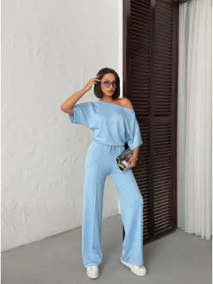 Kadın İsa Kollu Kayık Yaka Bluz Ve Pantolon Misal Kumaş Ikili Takım