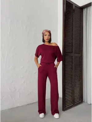 Kadın İsa Kollu Kayık Yaka Bluz Ve Pantolon Misal Kumaş Ikili Takım