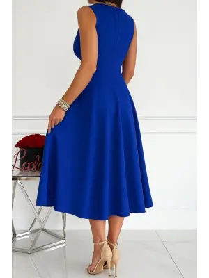 Kadın Ithal Krep Kumaş Kruvaze Yaka Eteği Kloş Kolsuz Mini Elbise