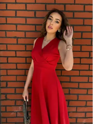 Kadın Ithal Krep Kumaş Kruvaze Yaka Eteği Kloş Kolsuz Mini Elbise