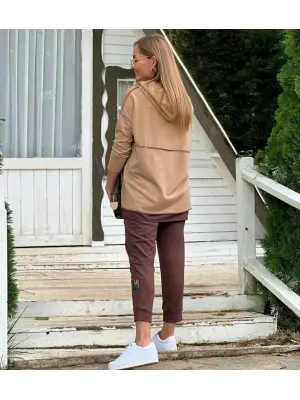 Kahve Kapşonlu Etek Ucu Detaylı İkili Takım