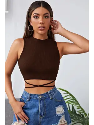 Omarı Şık Kahverengi Çapraz Bağlamalı Crop Top