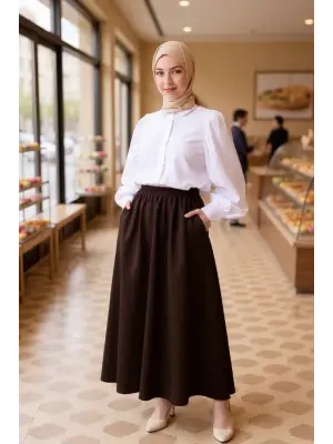 Kadın Kahverengi Double Kumaş Beli Lastikli Cepli Etek