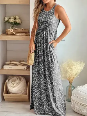 Kadın Kalın Askılı Yuvarlak Yaka Cepli Süprem Maksi Elbise