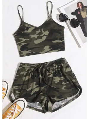 Omarı Kamuflaj Desenli Kadın Gecelik Takım