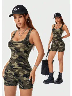 Omarı Kadın Kamuflaj Desenli Tulum Gecelik