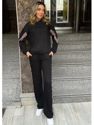Kadın Kapüşonlu Leopar Detay Sweat Ve Yüksek Bel Yanları Leopar şeritli Bol Paça Pantolon Ikili Takım