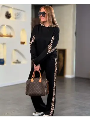 Leopar Detaylı Kapüşonlu Sweat ve Bol Paça Pantolon
