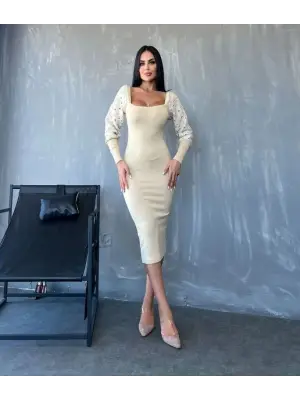 Kadın Kare Yaka Kolları Manşet Ve Tül Detay Fırsat ürün Midi Boy Elbise