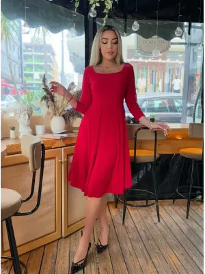 Kadın Kare Yaka Truvakar Kol Fırsat ürün Midi Boy Elbise