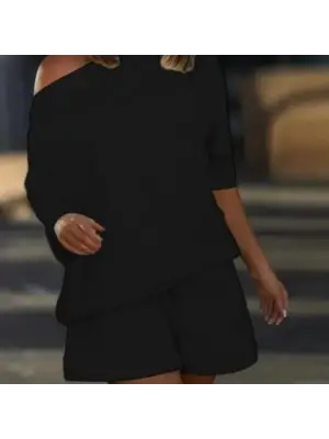 Kadın Kayık Yaka Salaş Iki Iplik Bluz Ve şort Ikili Takım