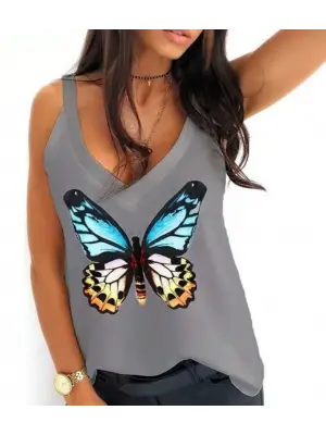 Kadın Kelebek Baskılı Sandy Kumaş Askılı Bluz