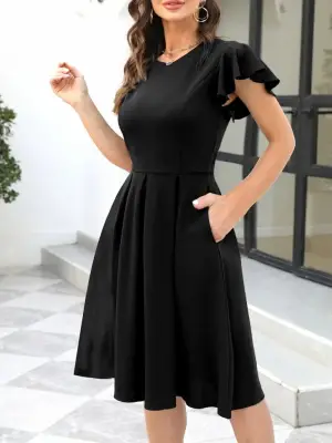 Omarı Kadın Kelebek Kollu Pileli Krep Elbise